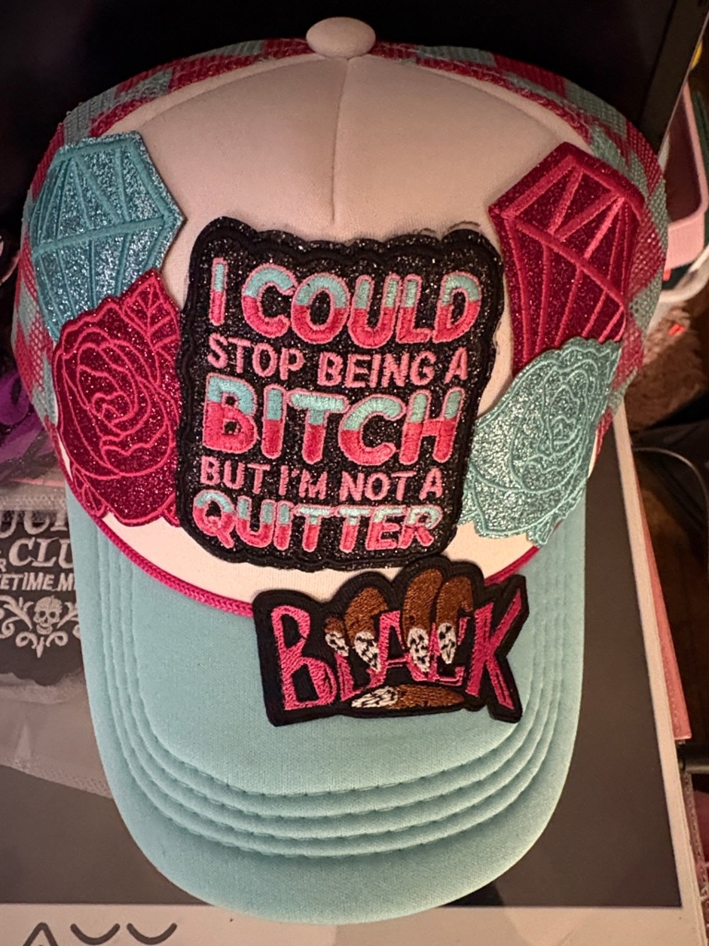 Hand Crafted Embroidered Patch Trucker Hat - Pink & Aqua handmade